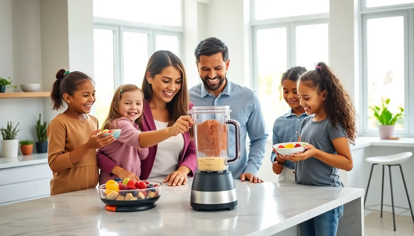 family preparing a healthy meal with nutrition powder in a modern kitchen.