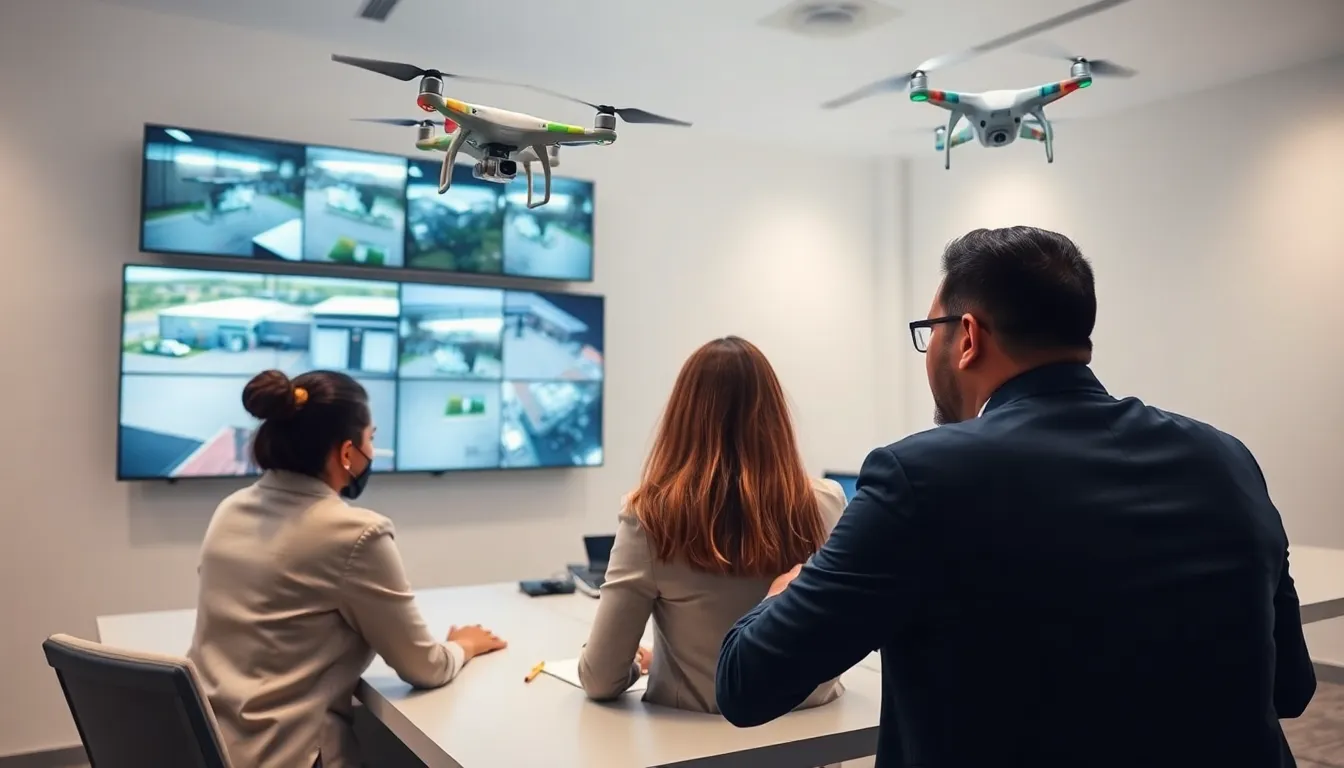 team monitoring security drones in a modern control room.