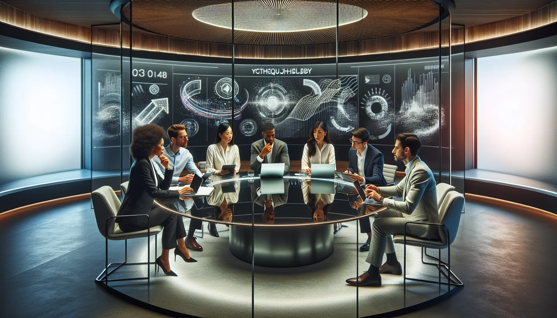 professionals discussing future language trends in a modern conference room.