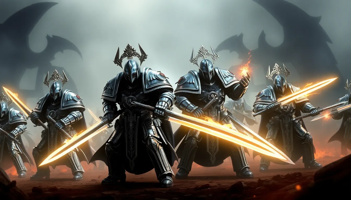 Grey Knights in armor battling chaos on a futuristic battlefield.