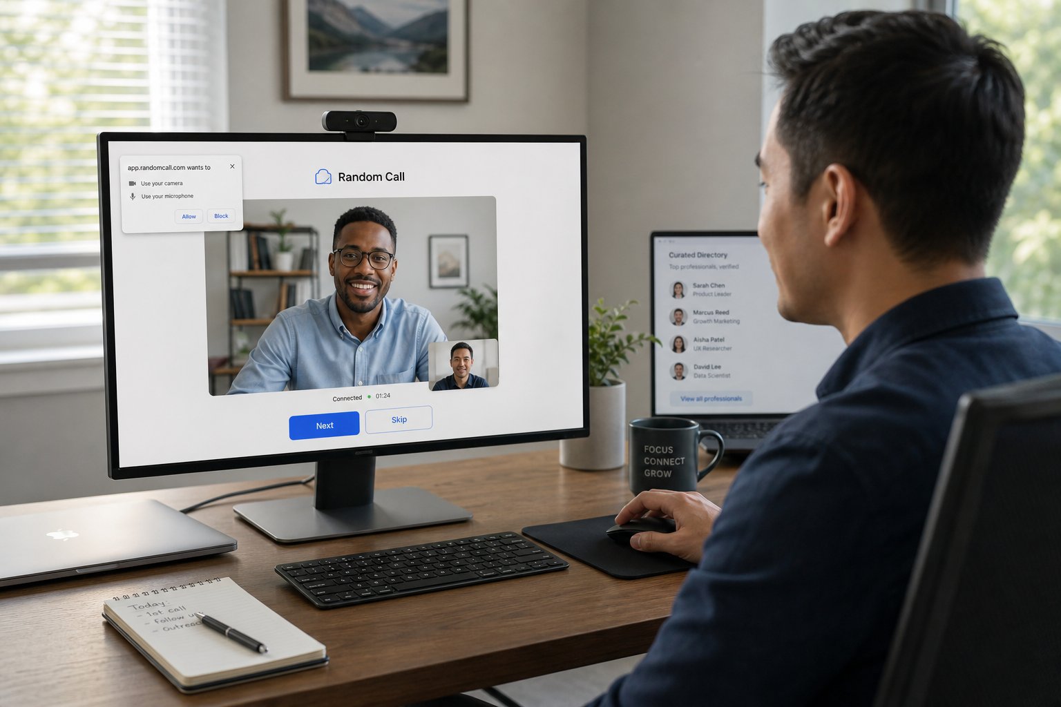 Professional user starting a simple video chat on desktop with permission prompt.