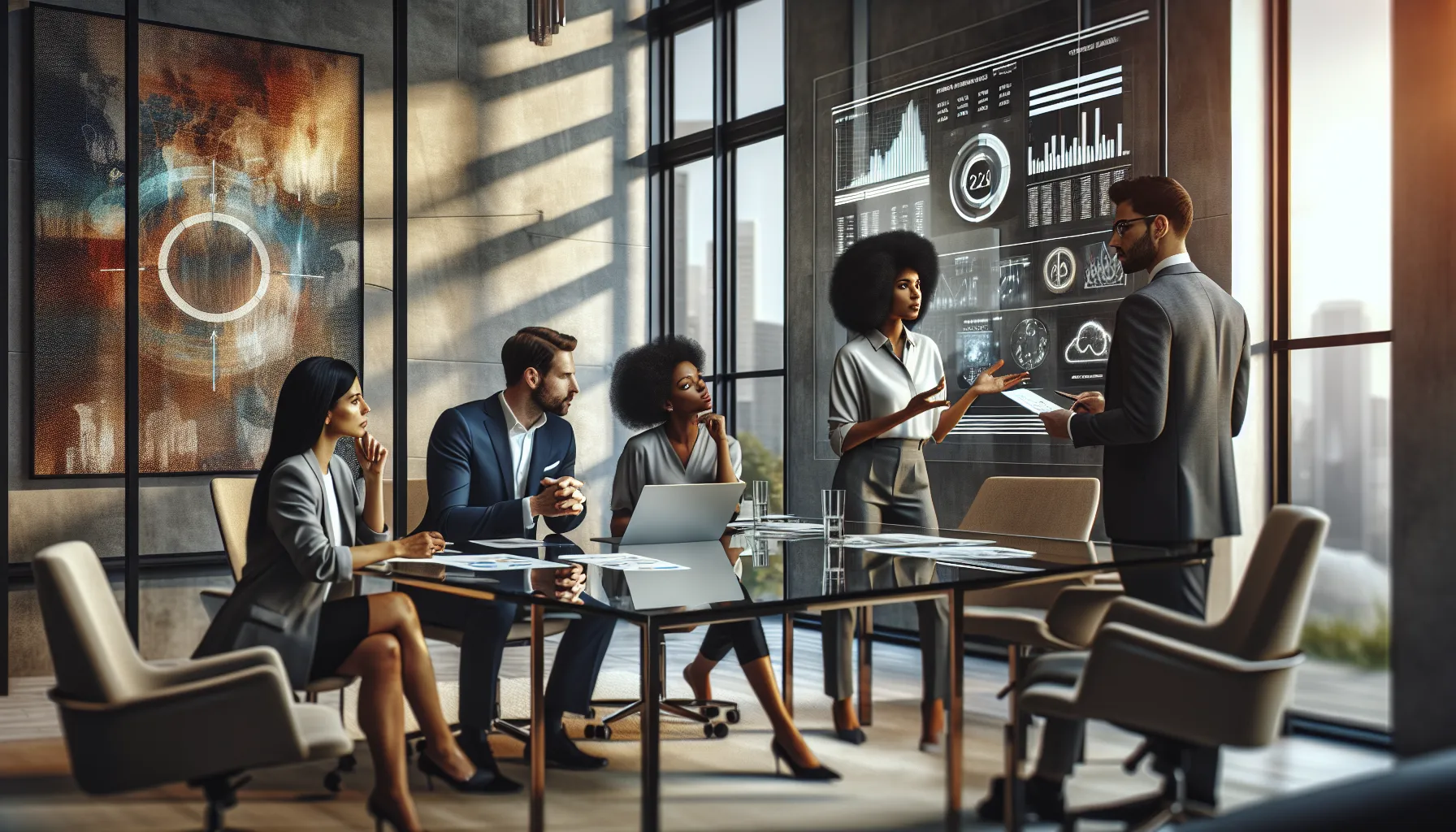 diverse team discussing phone security risks in a modern office.