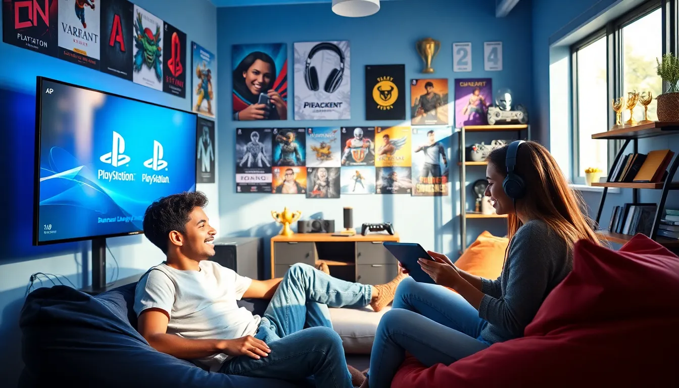 a diverse group of gamers discussing PlayStation strategies in a colorful studio.