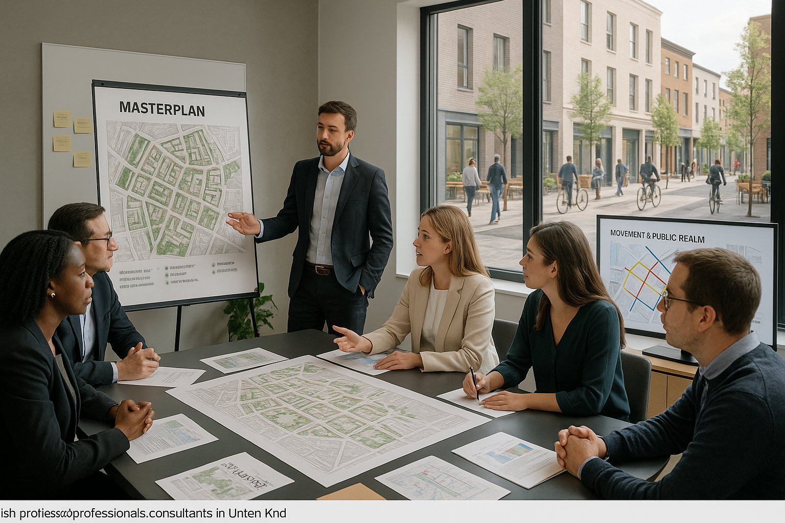 Placemaking consultants reviewing a town centre masterplan in a modern office.