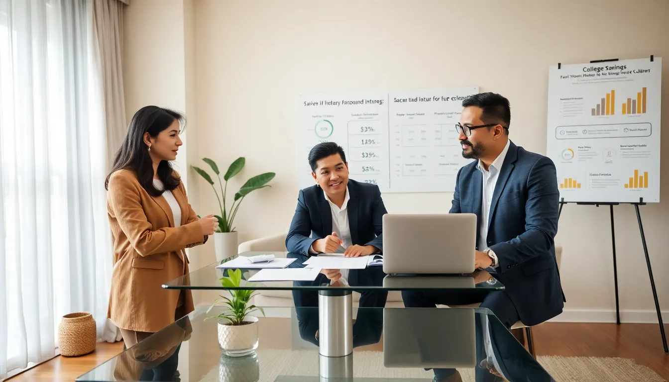 professionals discussing strategies for early college savings in a modern office.