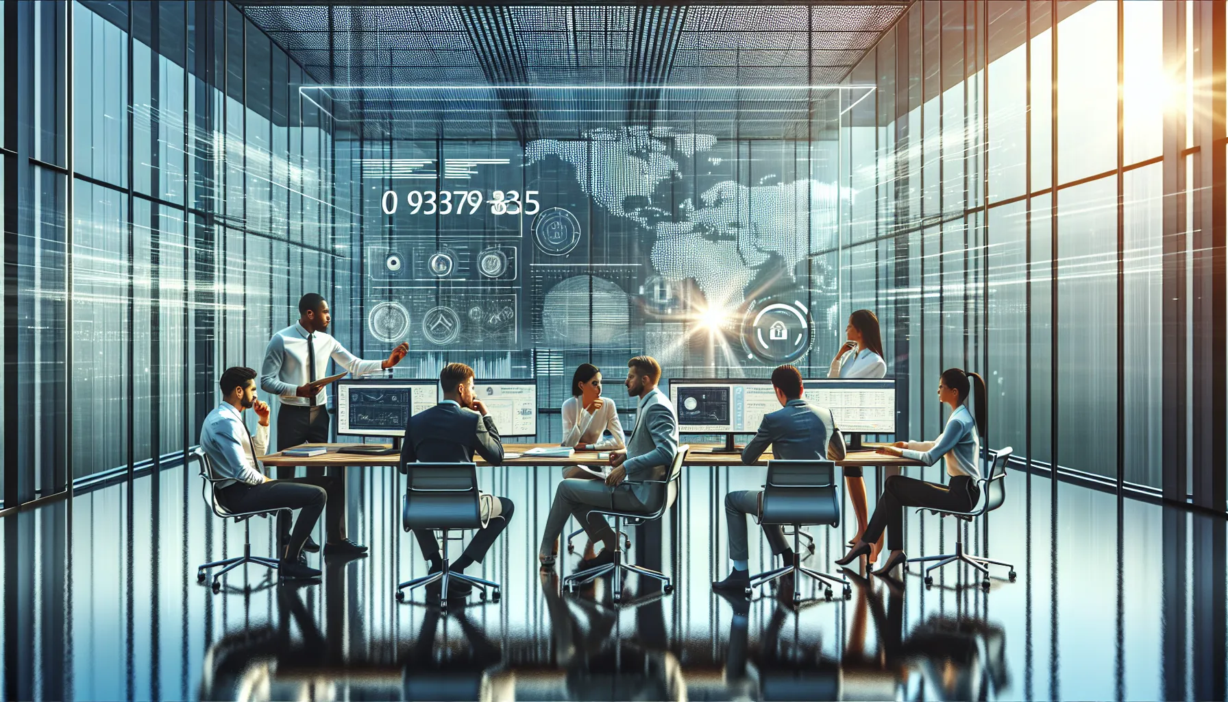 diverse professionals collaborating in a tech-driven office setting.