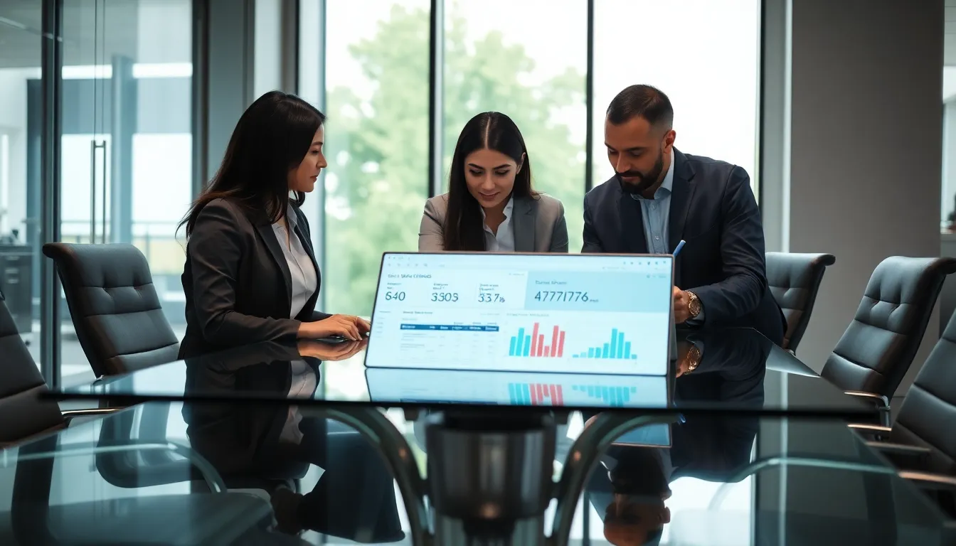 diverse professionals discussing data analytics in a modern office.