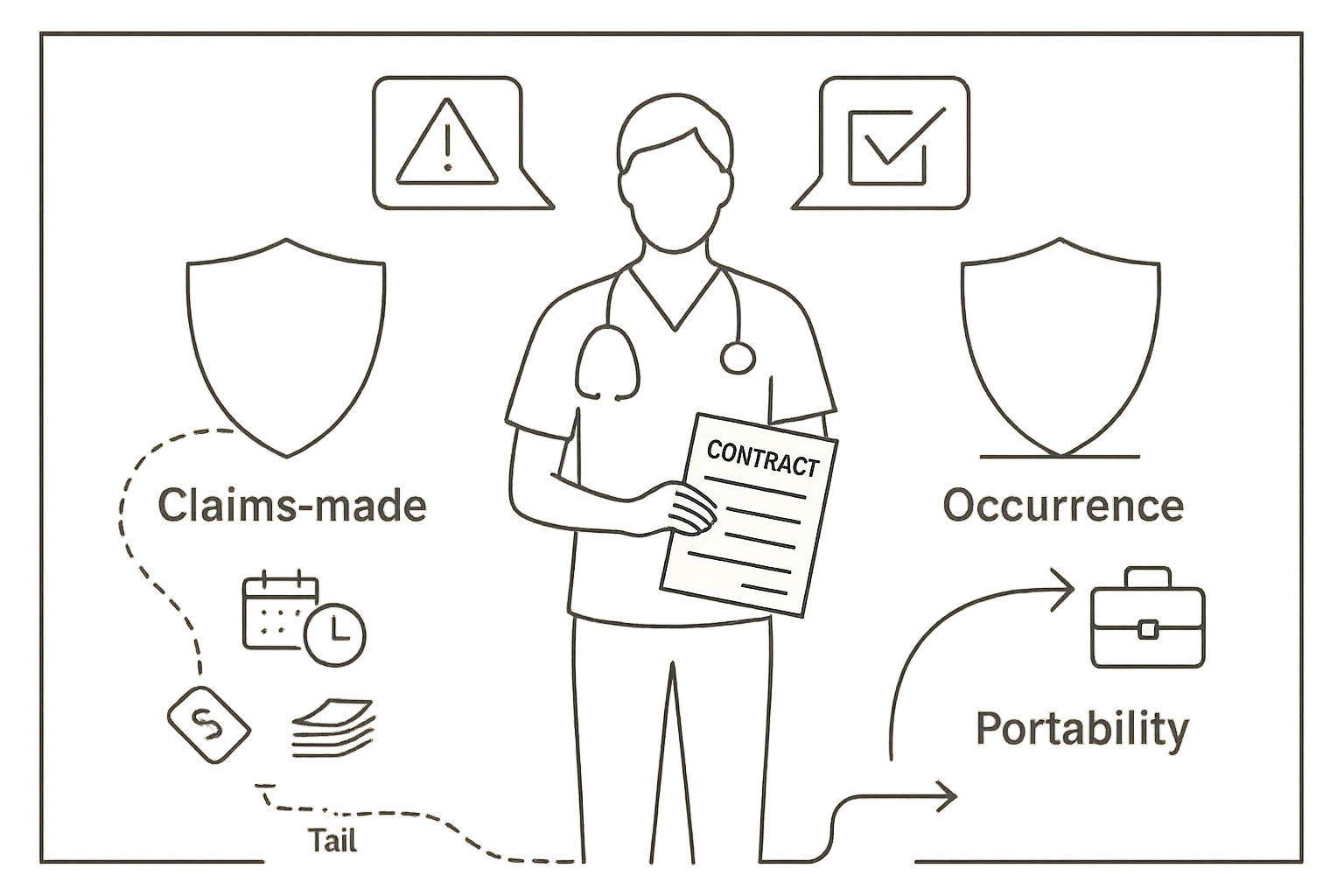Nurse practitioner between two shields labeled claims-made and occurrence, holding a contract.