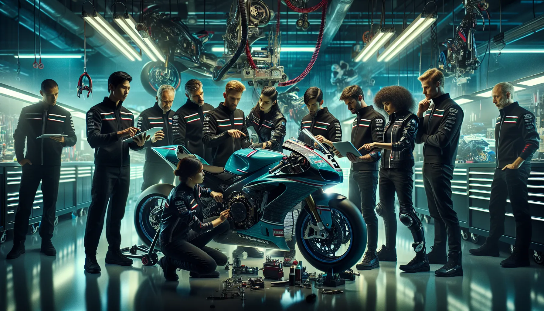 diverse team collaborating around a high-tech motorcycle in a workshop.