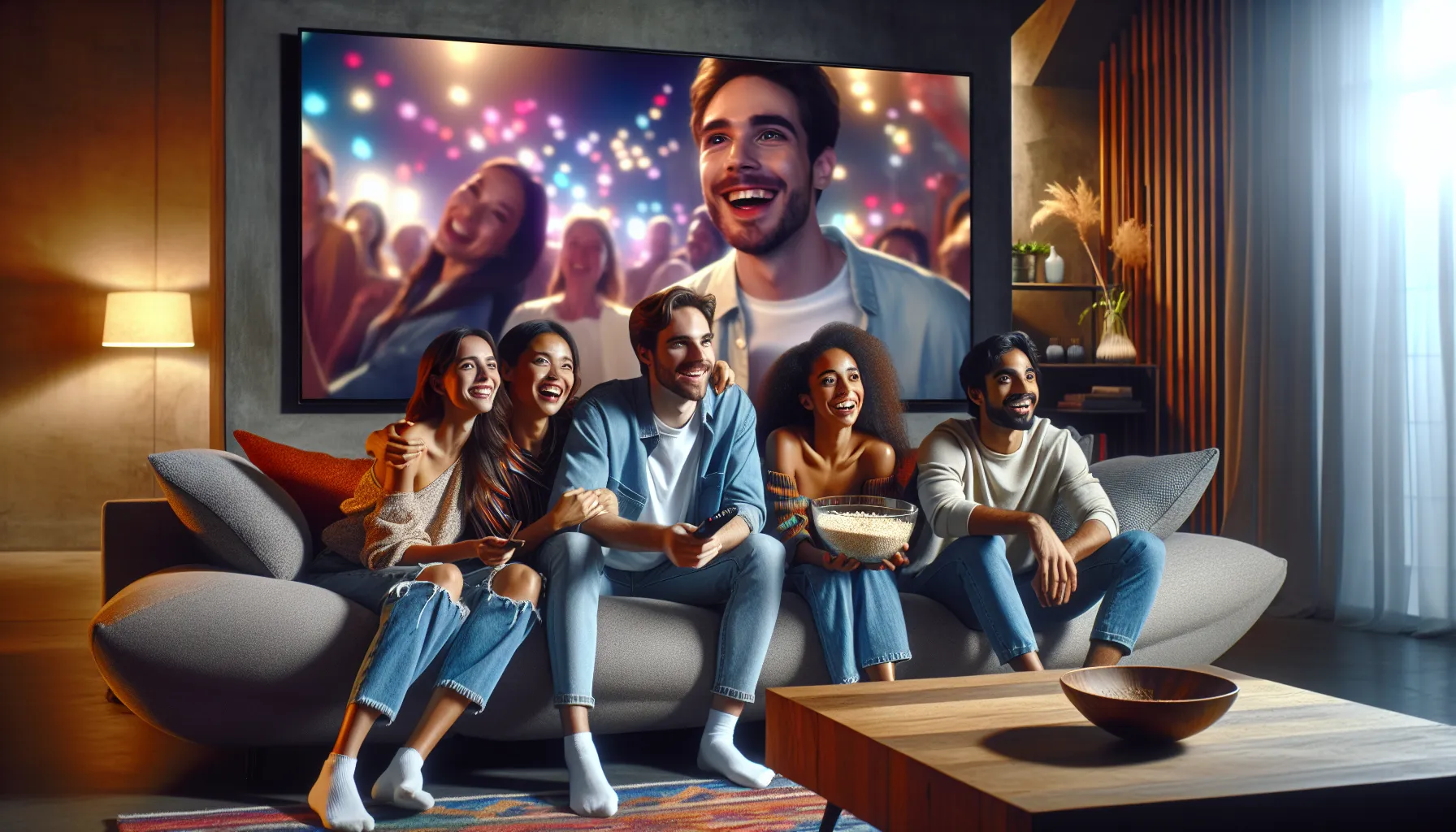 diverse friends watching a movie in a modern living room.