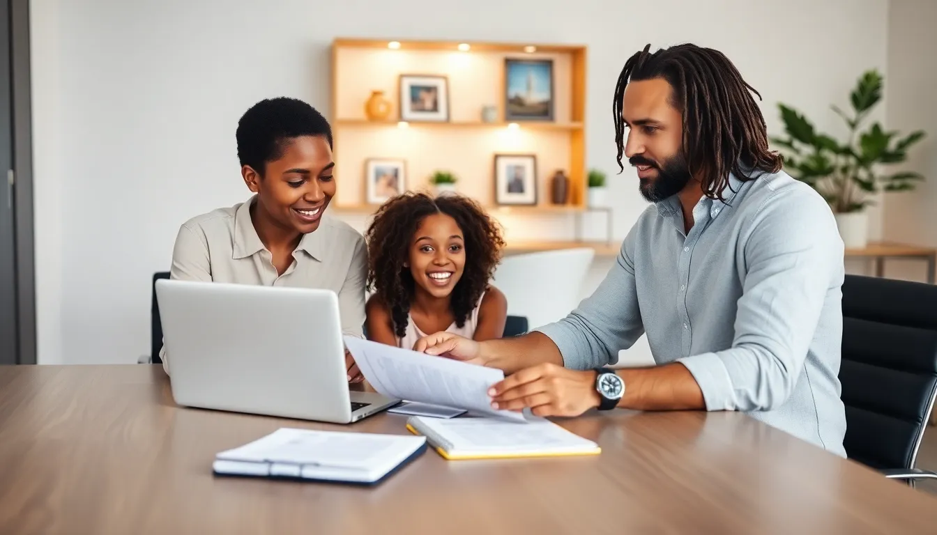 two parents collaborating on a parenting plan in a modern office.