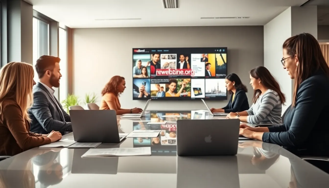 diverse team discussing creative articles in a modern workspace.