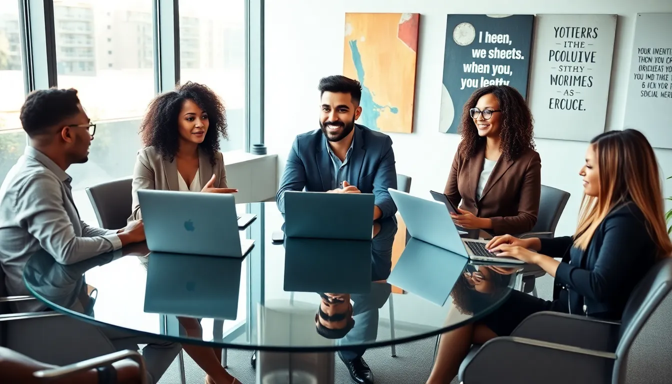 diverse team brainstorming in a modern office.