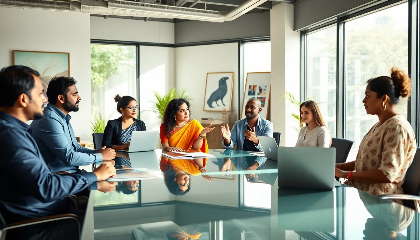 diverse professionals discussing Tamilkamakadhigal in a modern office.