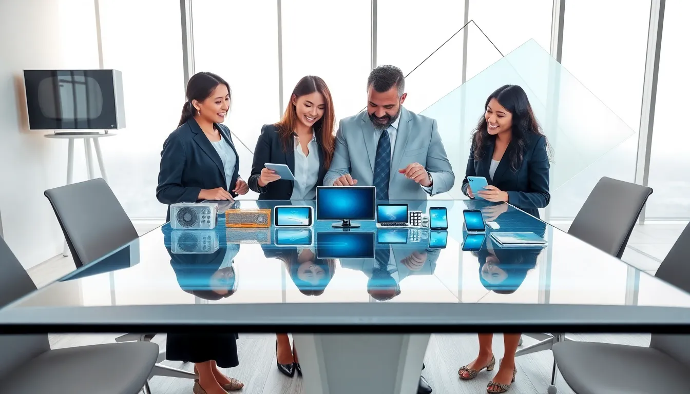 diverse professionals discussing the evolution of consumer electronics.