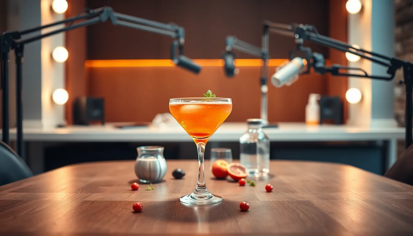 Stylish cocktail glass on a modern podcast recording table.