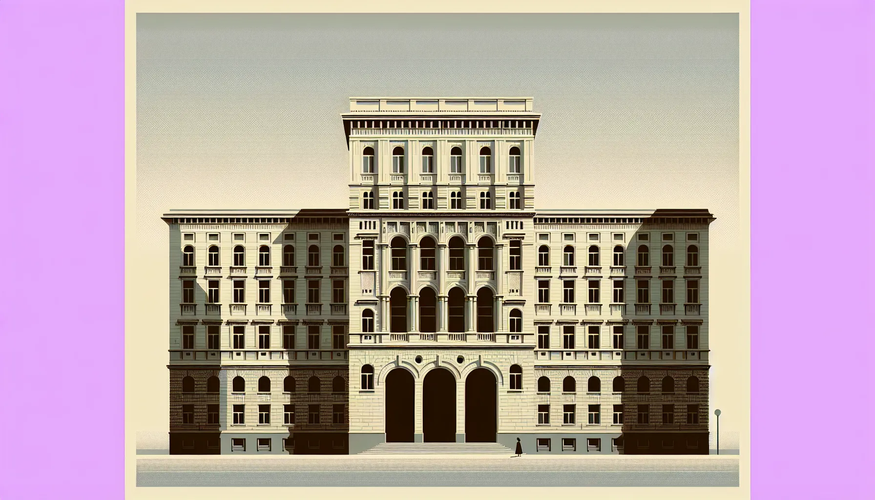 19th century Zagreb administrative building with solitary figure standing at entrance