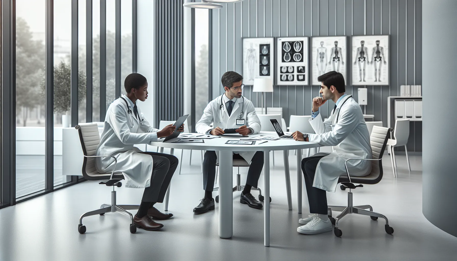 Three doctors reviewing medical documents at conference table in modern medical facility