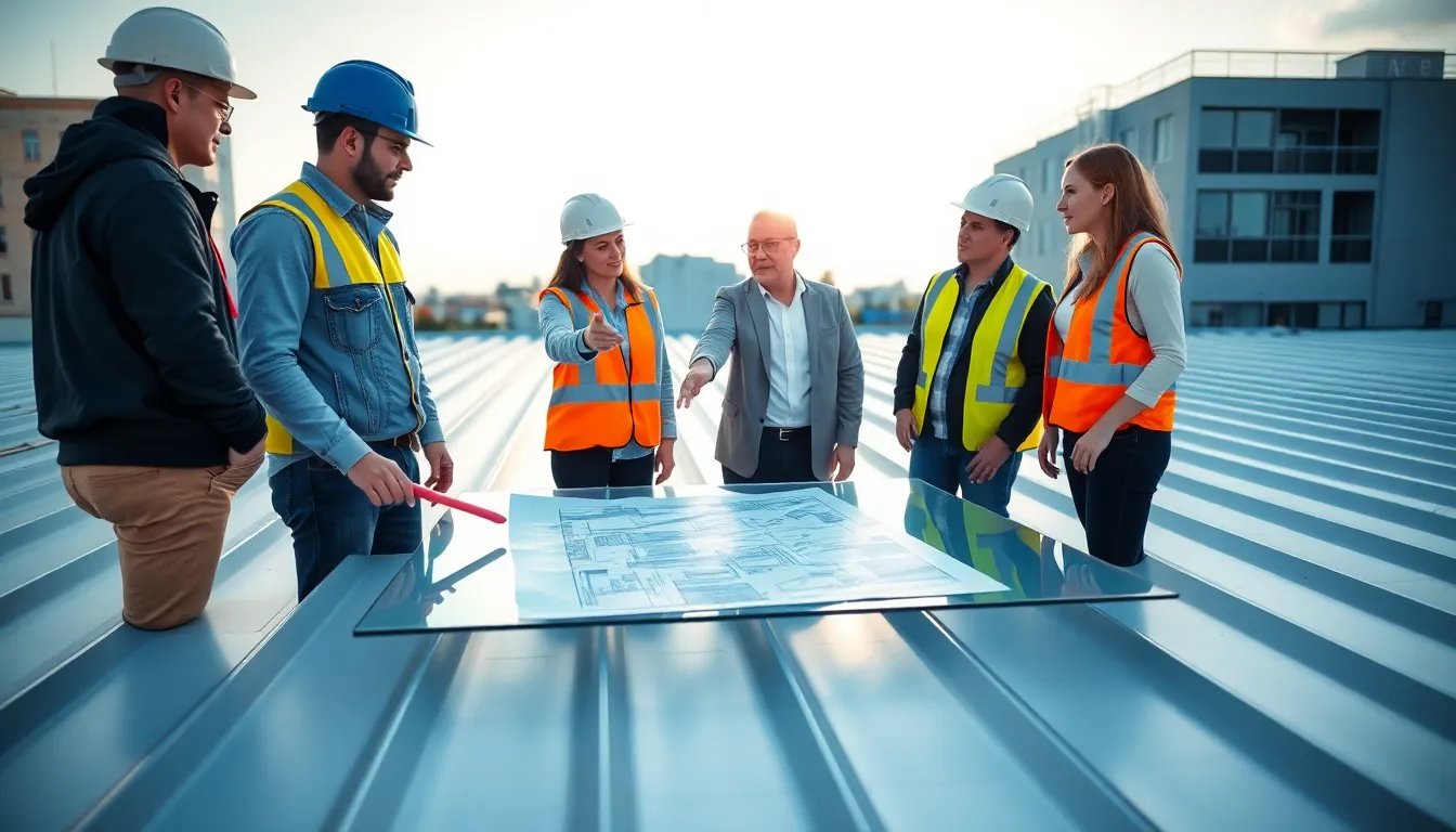 diverse team discussing vinyl roofing on a commercial building.