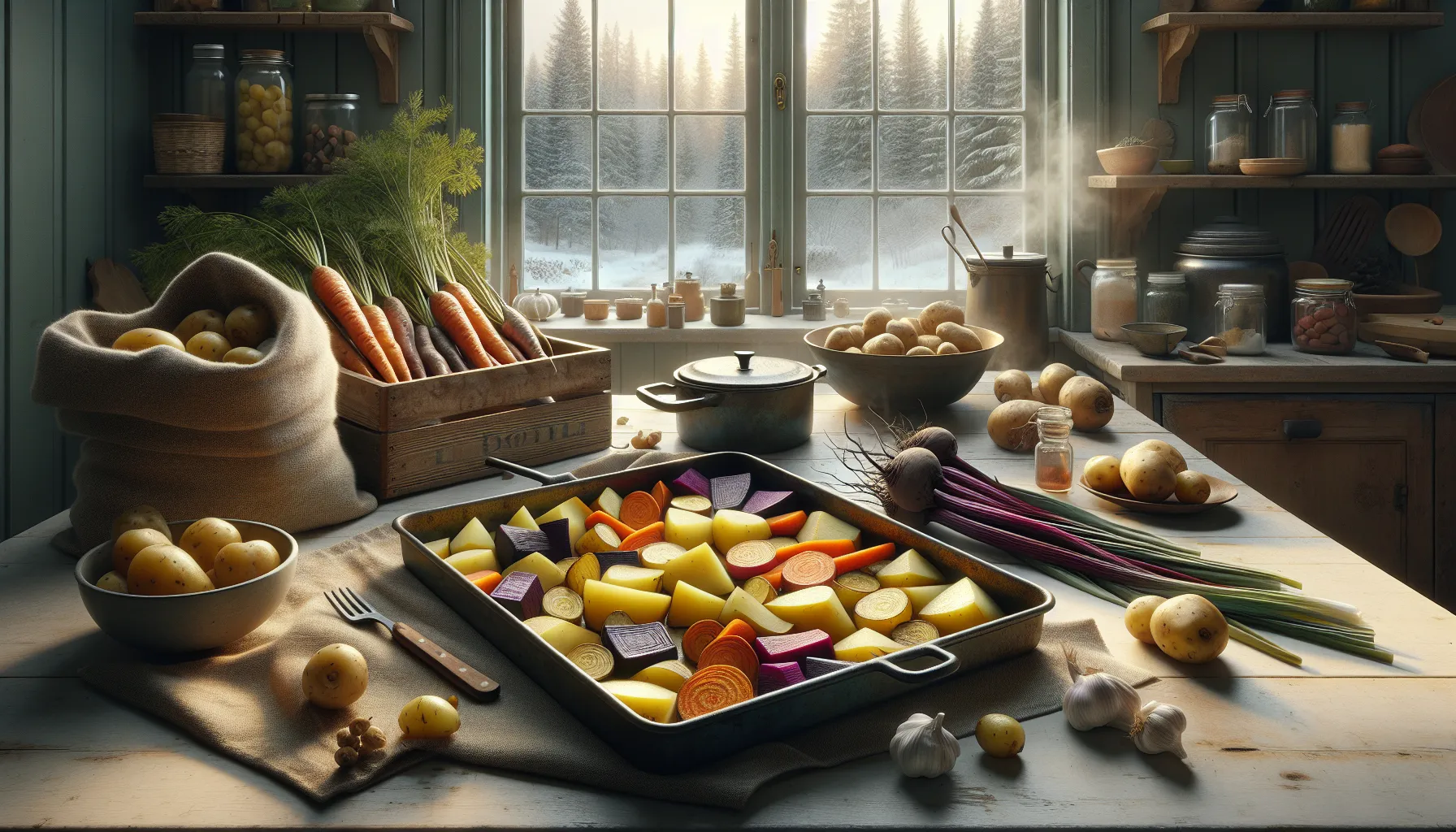 De beste grønnsakene for en bærekraftig livsstil 2 Sheet pan of roasted root vegetables with onions, leeks, and zero-waste prep.