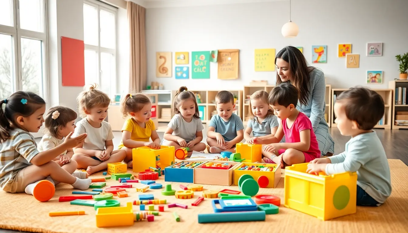children engaged in hands-on activities in a colorful classroom.