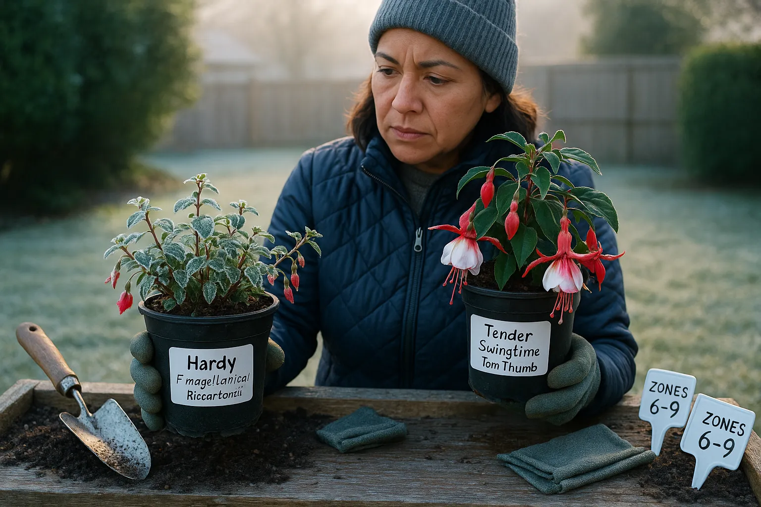 Gardener comparing hardy and tender fuchsia pots after a light frost.
