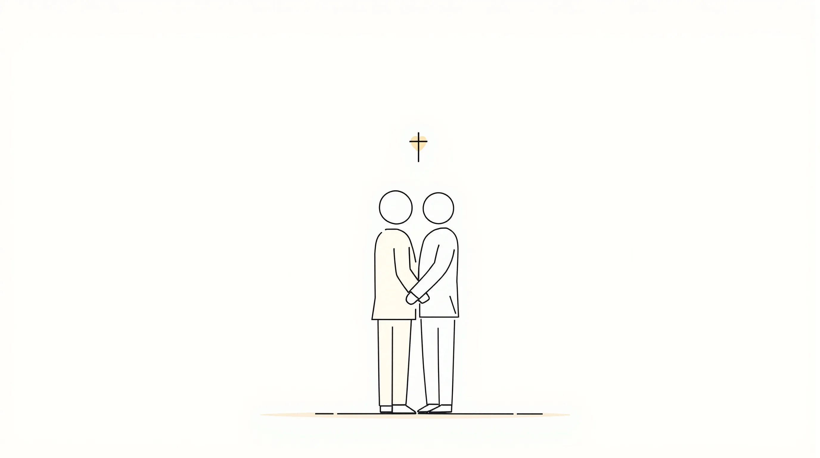 Two sibling silhouettes embracing with a small cross symbol, minimal illustration.