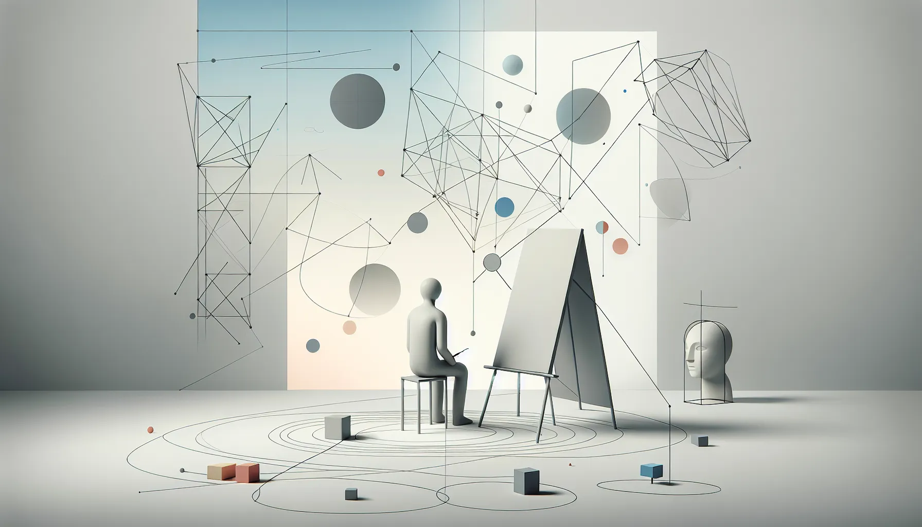 Minimalist silhouette of artist contemplating blank canvas with floating geometric shapes