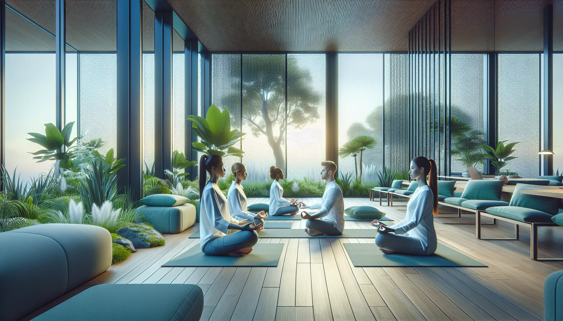 diverse professionals practicing mindfulness in a serene workspace.
