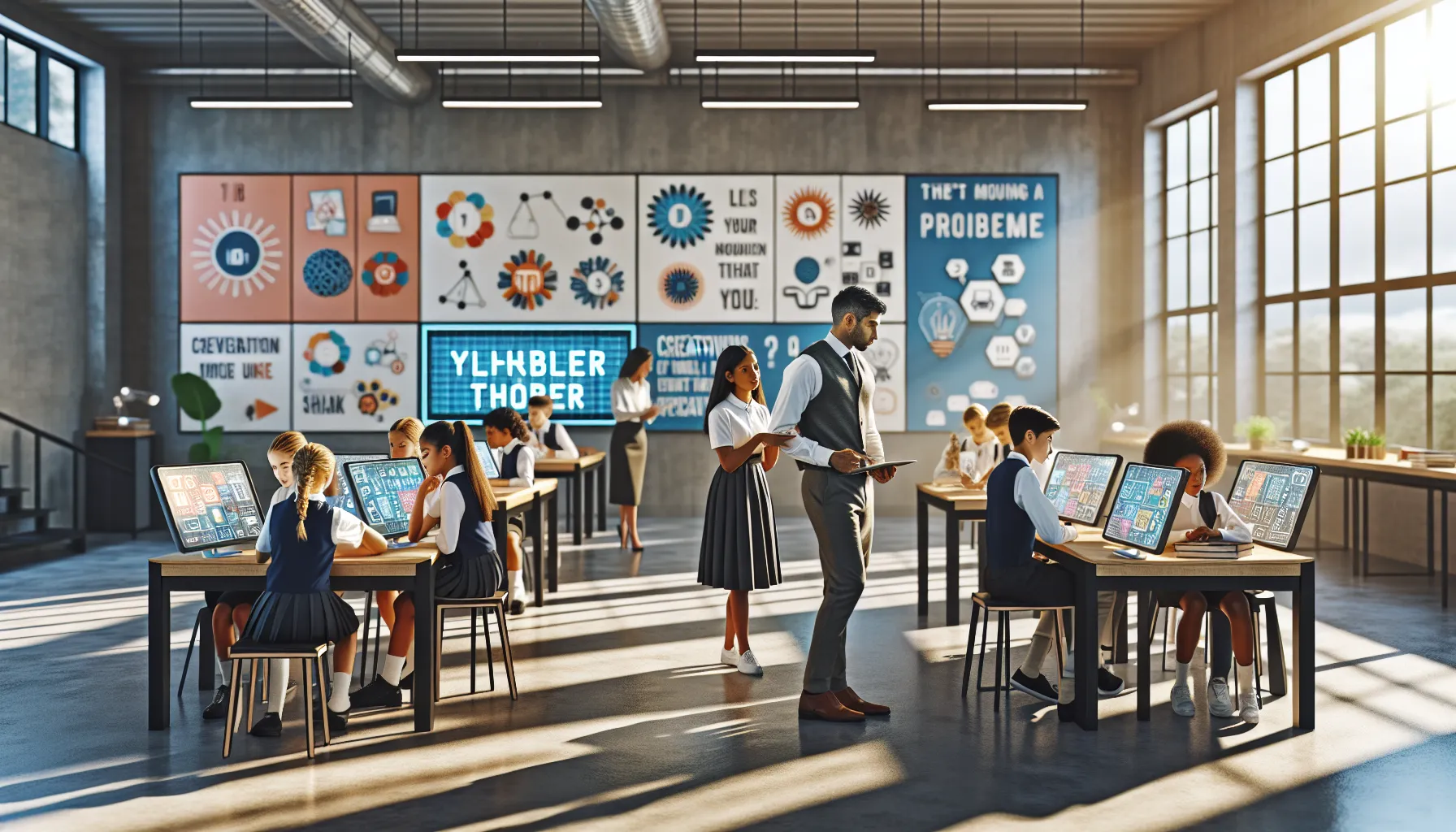 diverse students collaborating in a modern classroom setting.