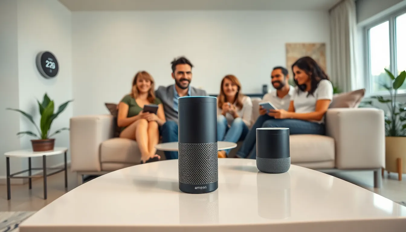 modern living room with smart home assistants and a family interacting.