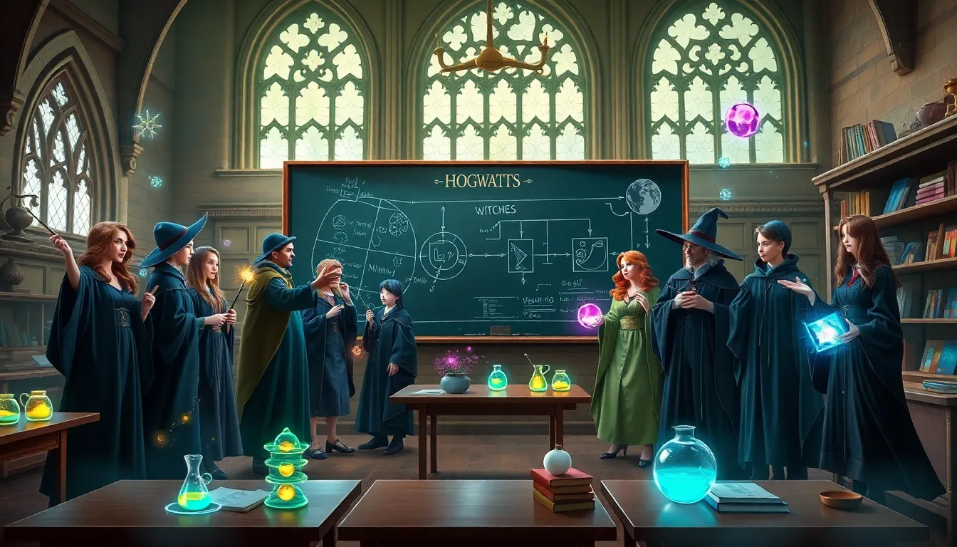 students embodying witches and wizards in a Hogwarts classroom.