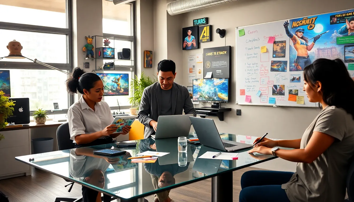 diverse team collaborating on innovative game designs in a modern office.