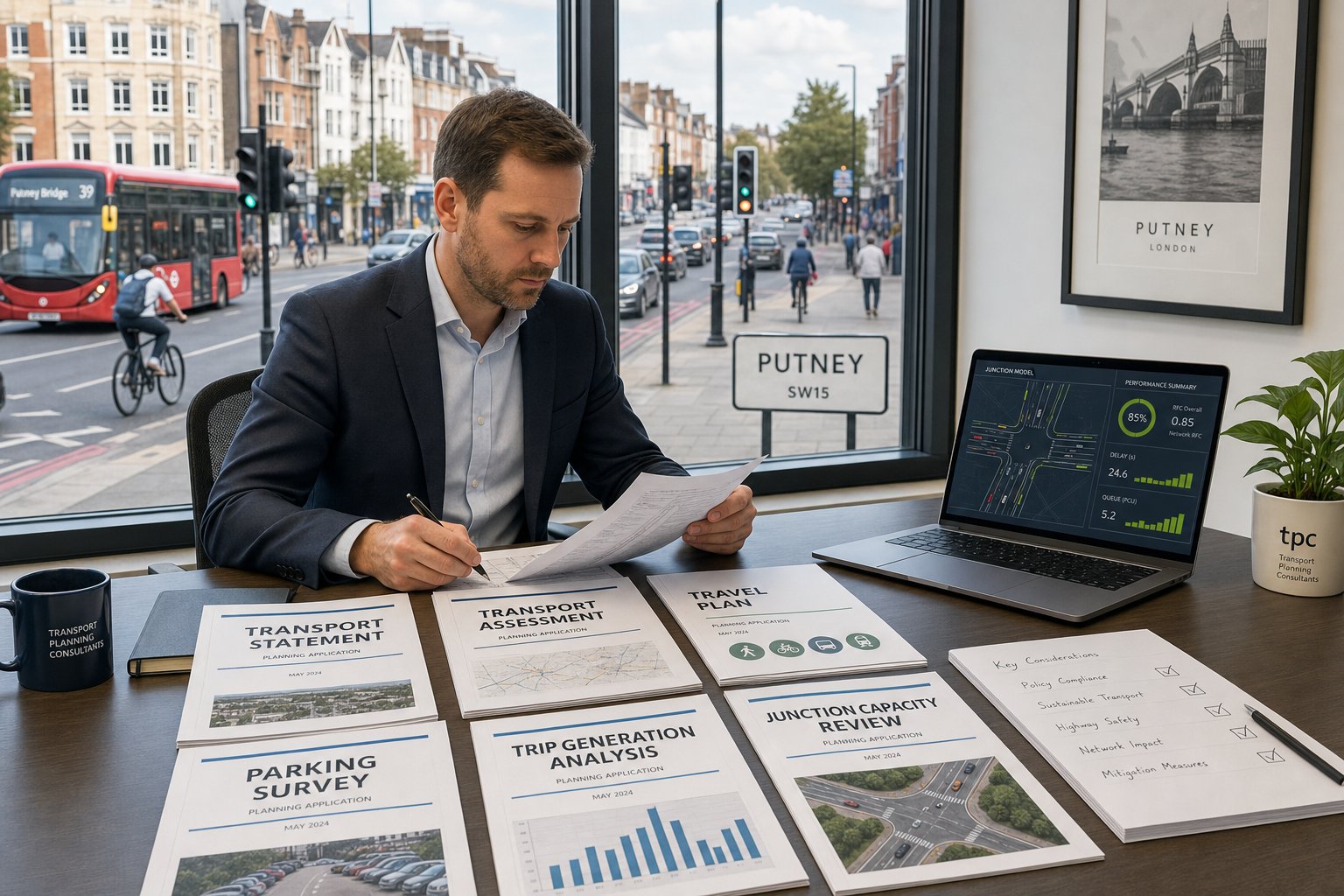 Traffic engineer reviewing transport planning reports for a Putney development.