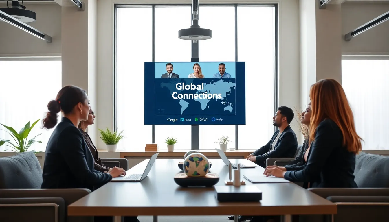 professionals in a modern office engaged in a video conference call.