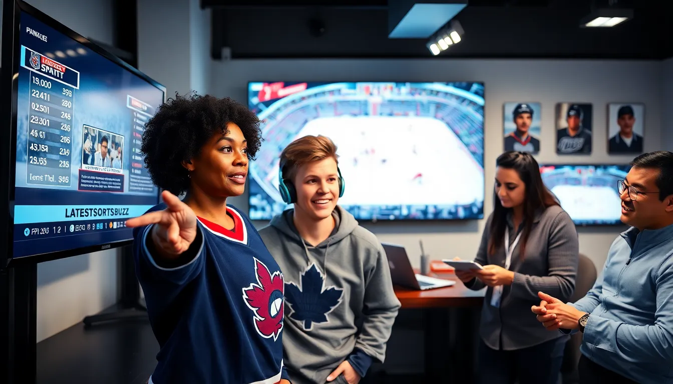 diverse group in a sports newsroom covering hockey news