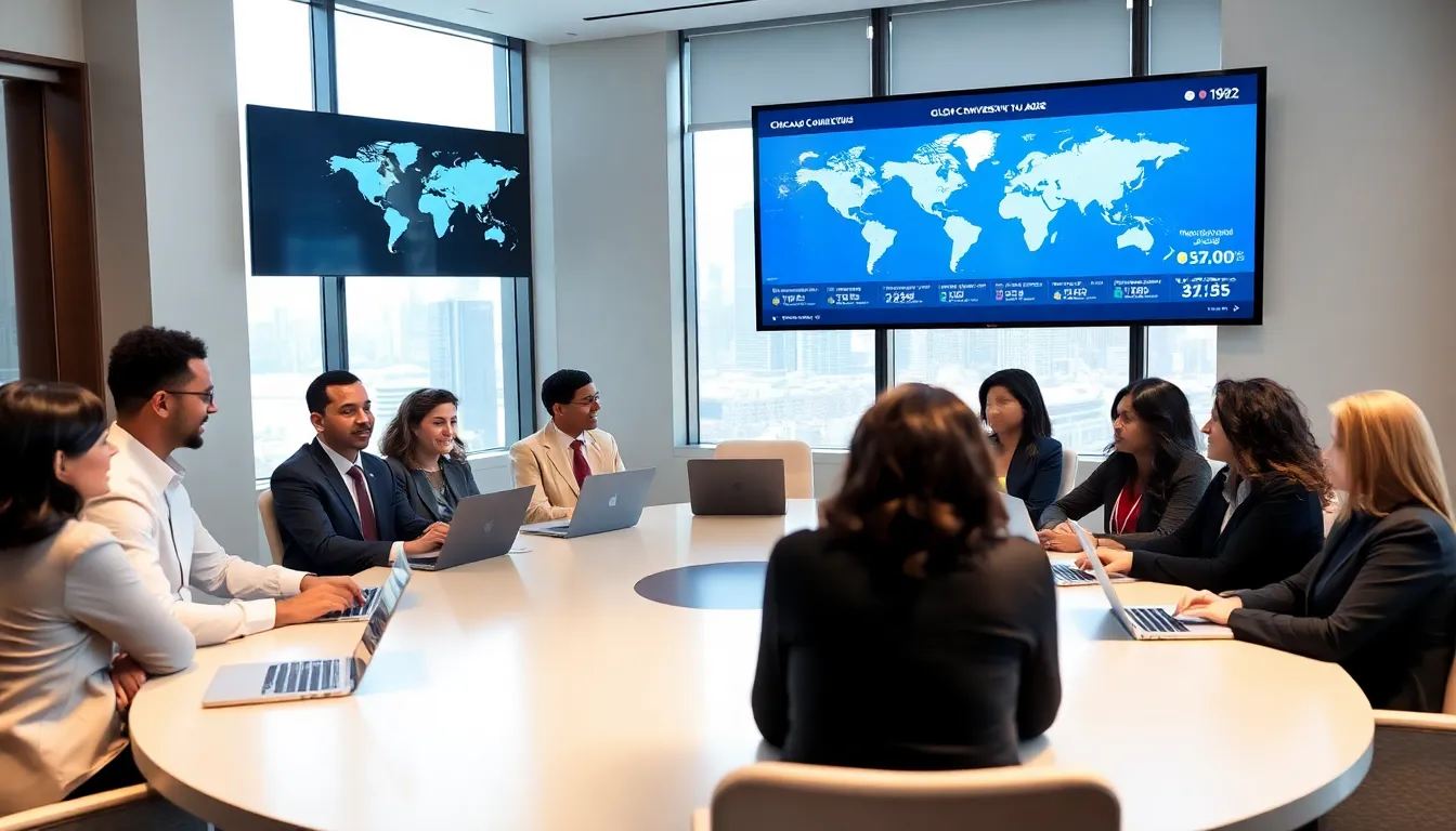 diverse professionals discussing global affairs in a modern Chicago meeting room.