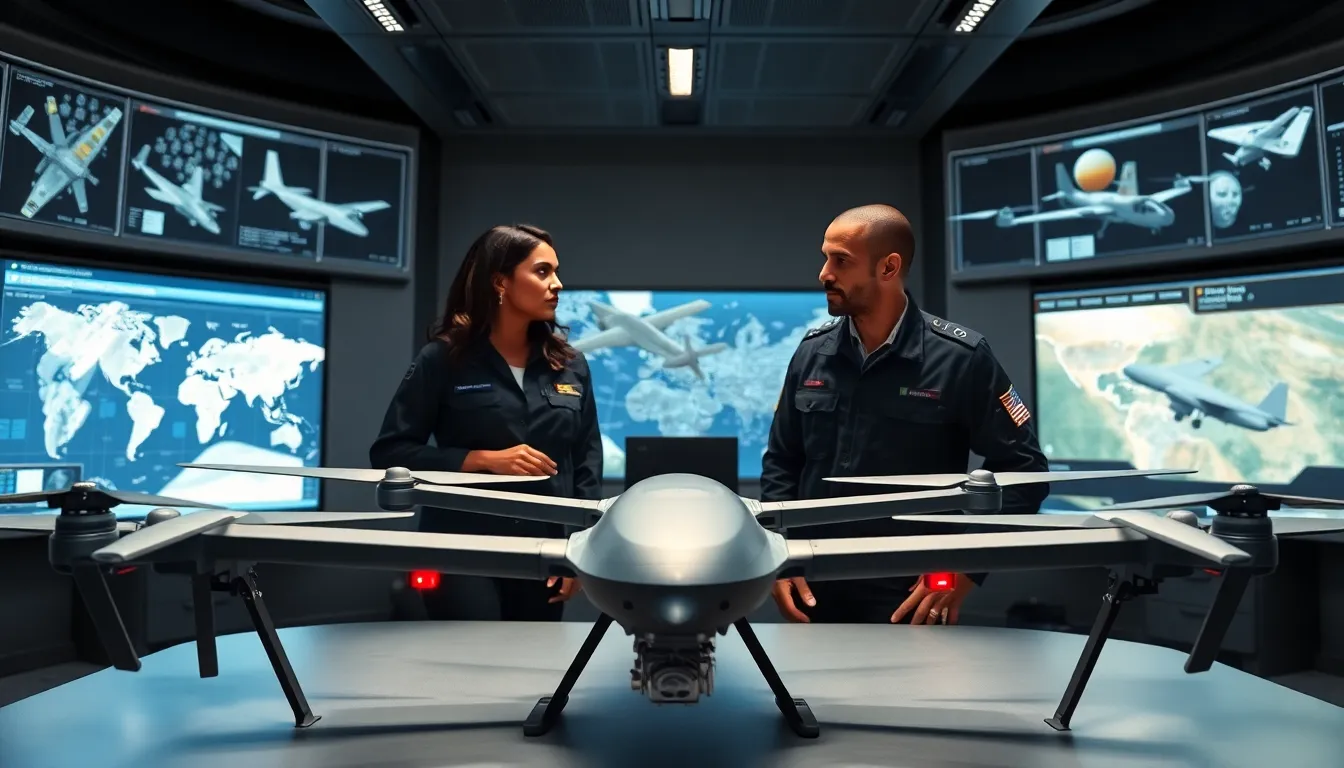 diverse team analyzing military drone models in a modern operations room.