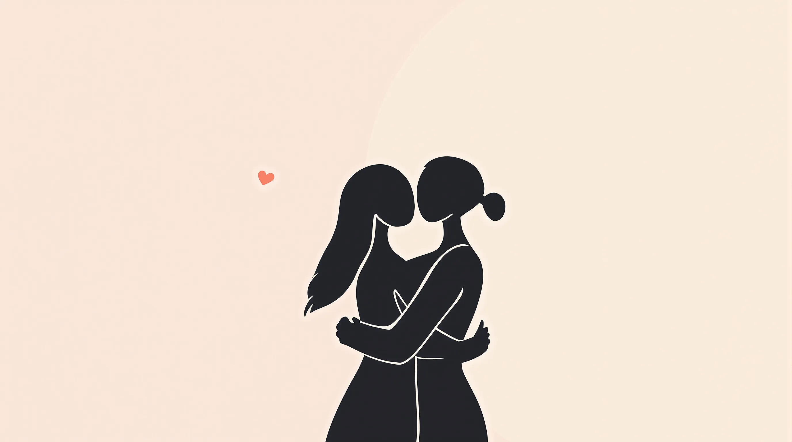 Two simplified female figures embracing with a small heart icon, minimal flat illustration.