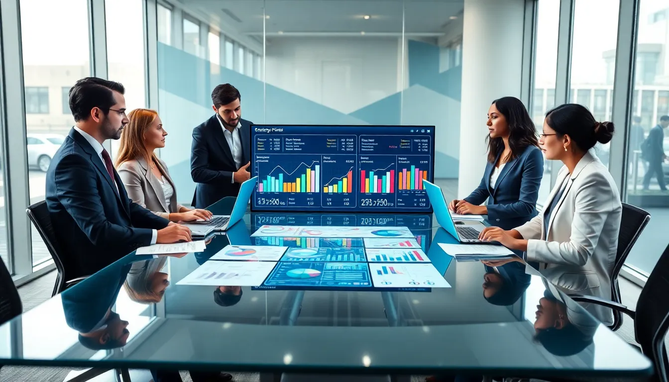 business professionals discussing enterprise software pricing in a modern office.