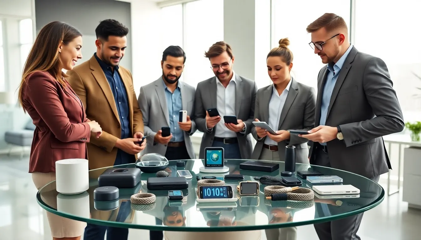 diverse professionals collaborating with innovative gadget tools in a modern office.