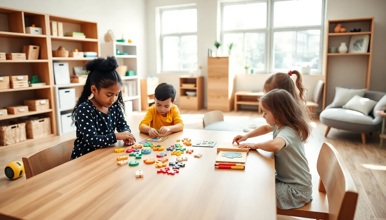 diverse children collaborating in a Montessori classroom setting.