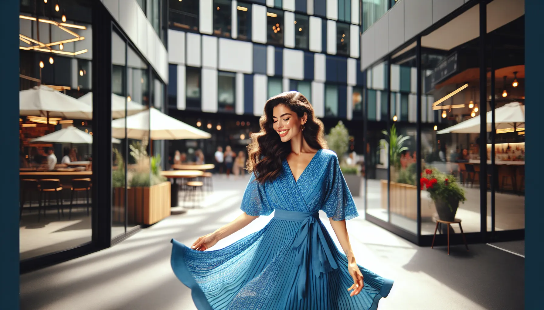woman in a Skyrizi Blue Dress standing confidently in a modern setting.