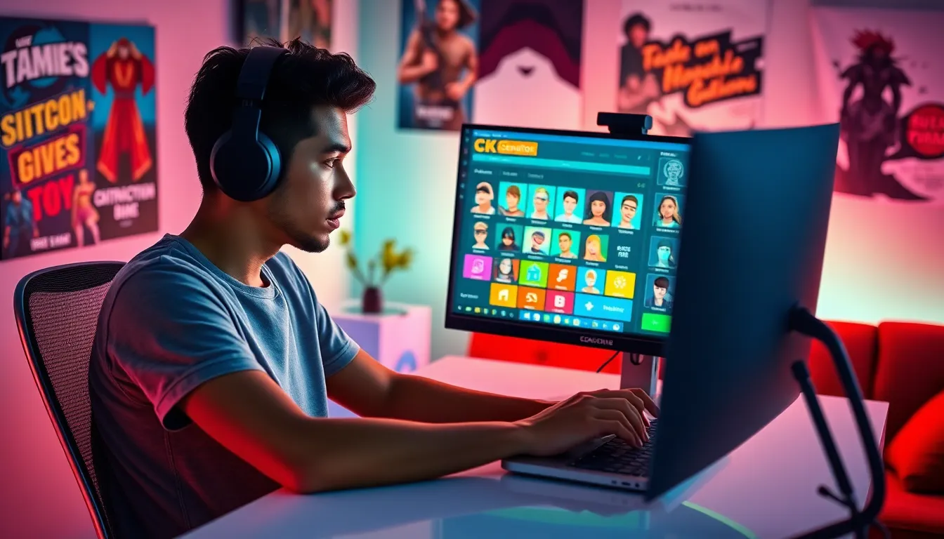 A gamer creating characters on a website interface in a cozy workspace.