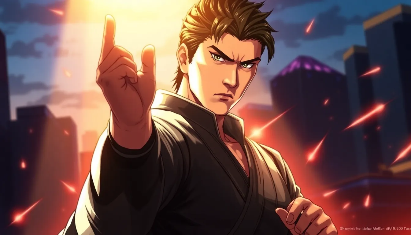 Jin Kazama in action pose against a blurred urban background.