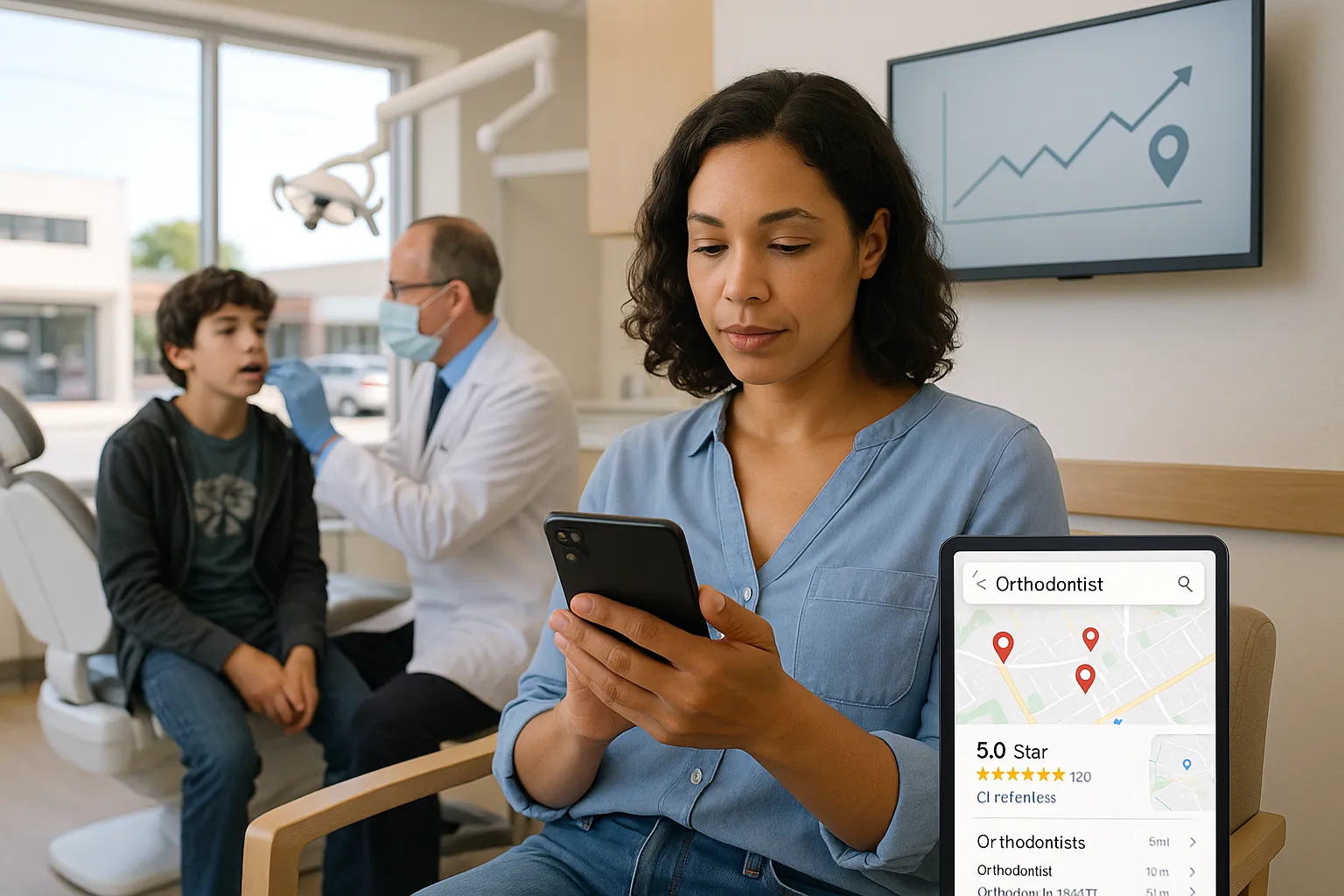 Mother checks local orthodontist search results on phone in modern clinic waiting area.