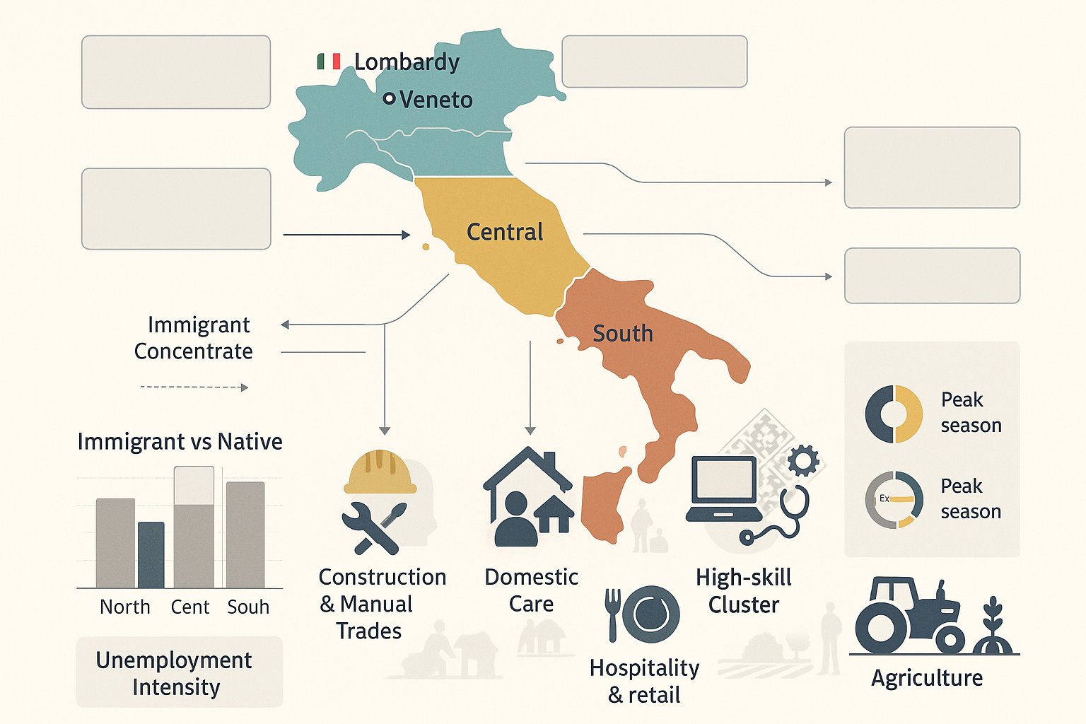 Mappa d'Italia che mostra la disoccupazione regionale degli immigrati e la concentrazione settoriale.