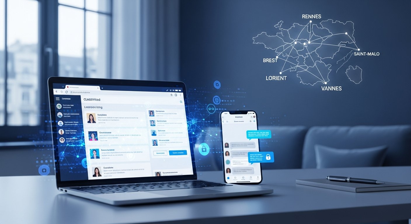 Laptop and phone showing online listings linked across Brittany map.