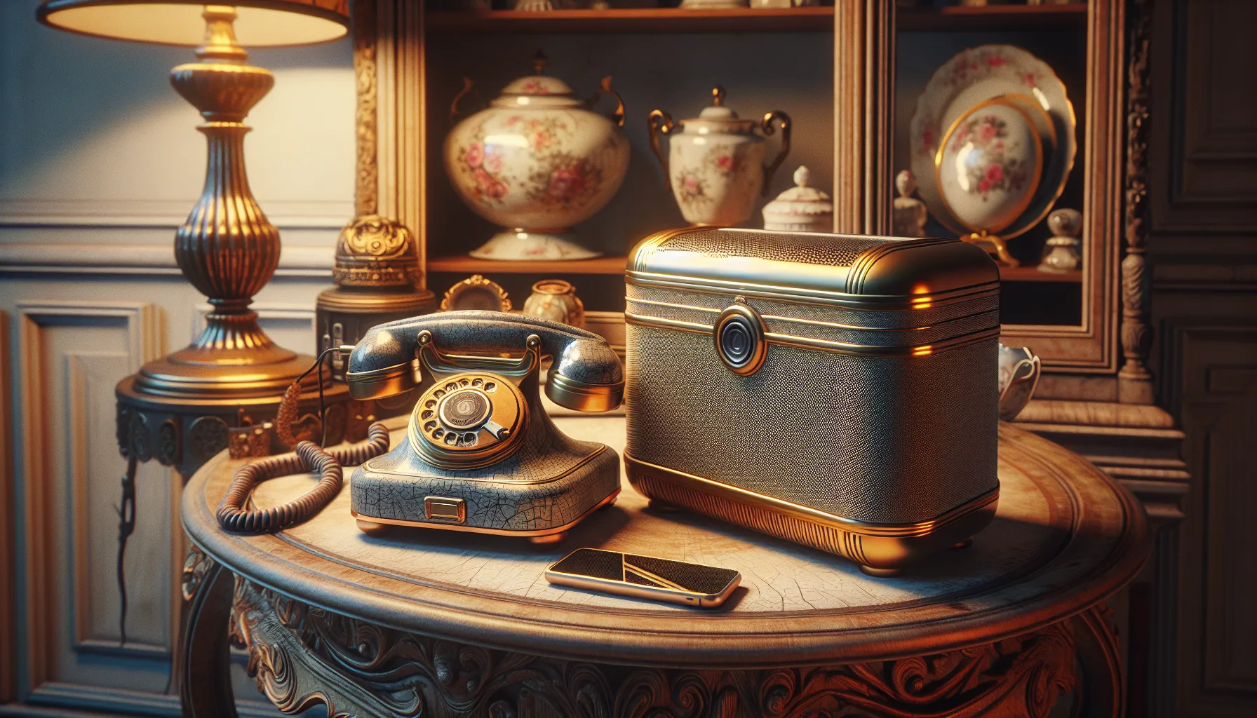 A juxtaposition of vintage and retro collectibles displayed on a table.