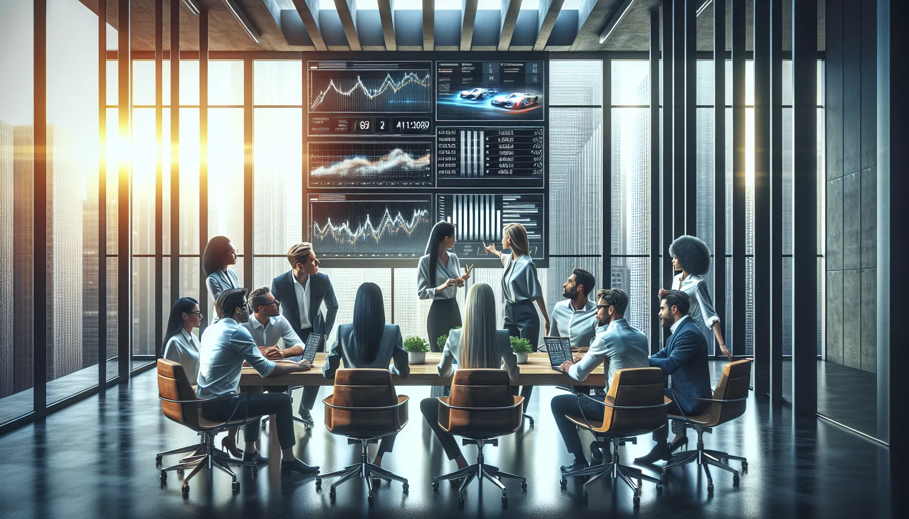 diverse team discussing the IodaRacing company website in an office setting.